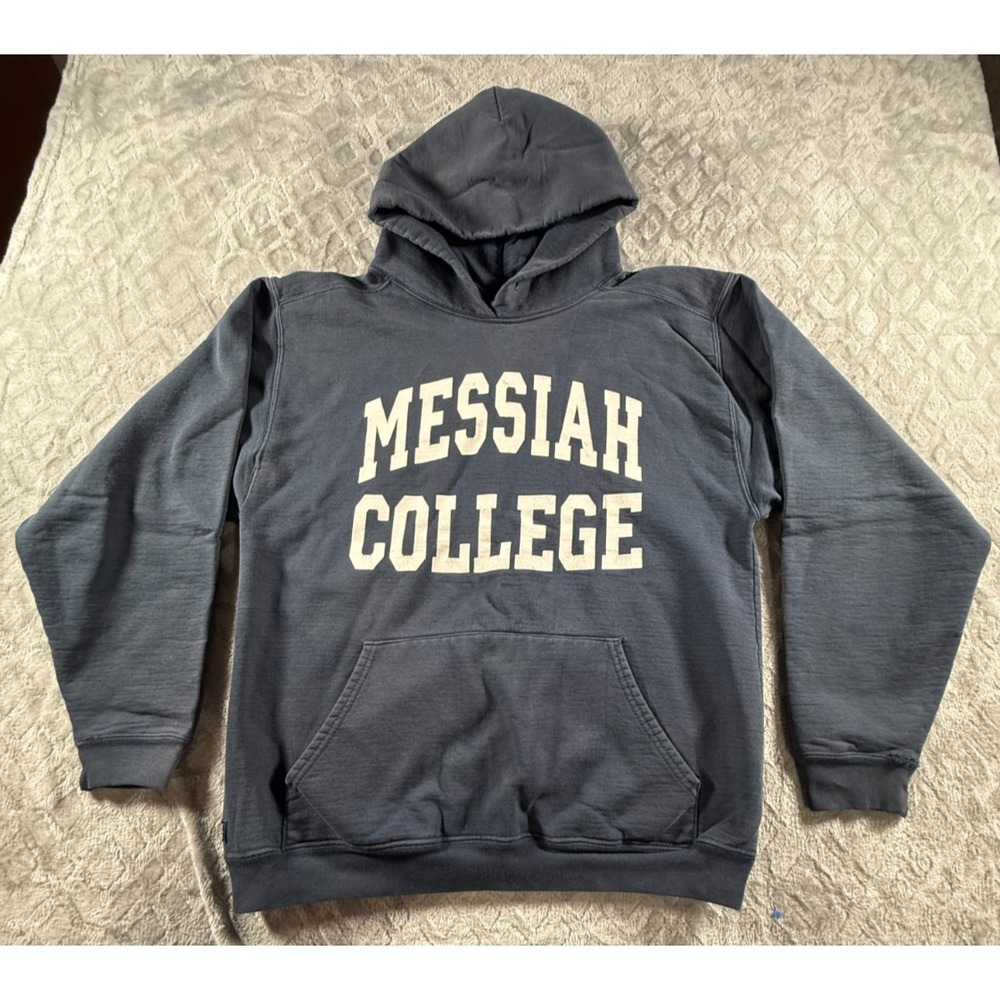 Vintage Messiah College Hoodie Men's Medium Blue Pullover Sweatshirt Made In USA